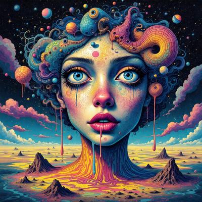 The primary subject of the image is a woman with a unique and colorful appearance. She has a head full of hair, and her eyes are painted blue. The setting is a surreal landscape, with a backdrop of a colorful sky and a field of rocks. The visual style is a combination of digital art and illustration, creating a vibrant and imaginative scene. The colors and mood of the image are lively and whimsical, with a focus on the woman's striking features and the vivid,